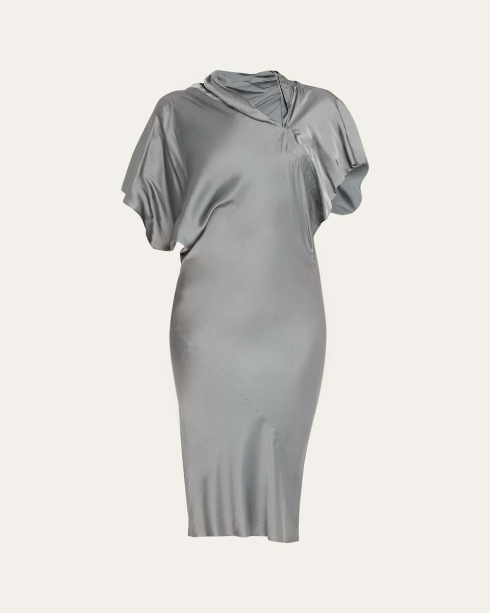 Short-Sleeve Draped Satin Midi Dress